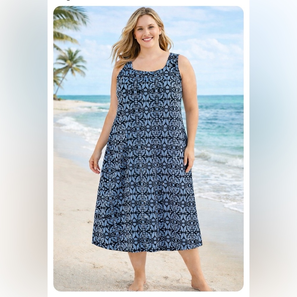 Fresh Produce Blue Floral Midi Dress 2X Sleeveless A-Line Cotton Casual Resort